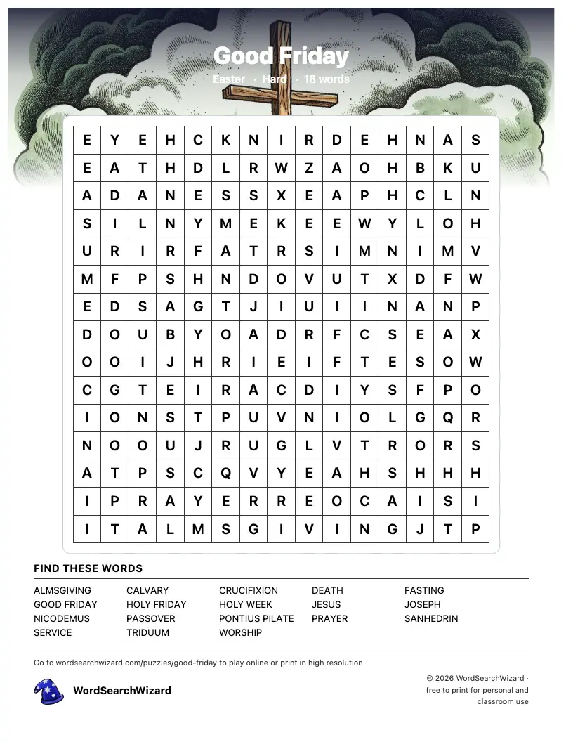 Good Friday word search printable sheet, 18 words to find