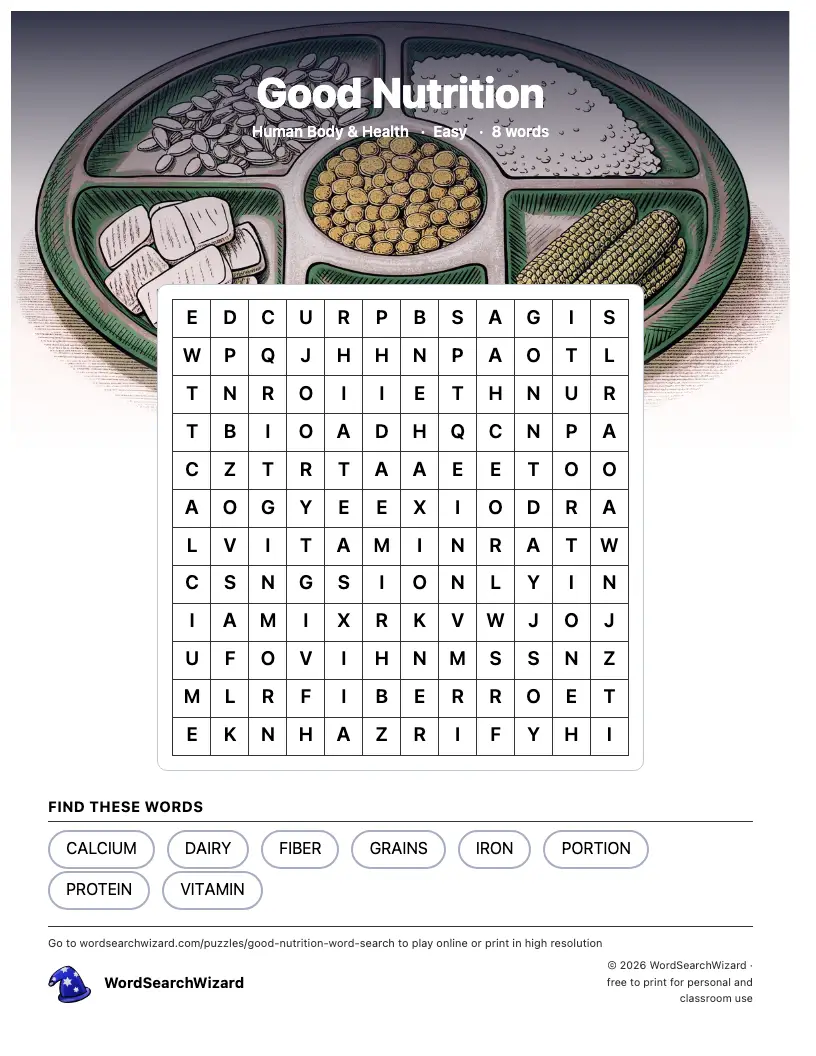 Good Nutrition word search printable sheet, 8 words to find