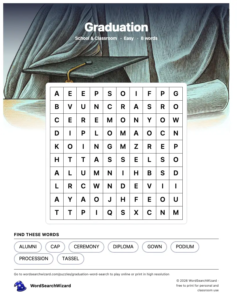 Graduation word search printable sheet, 8 words to find