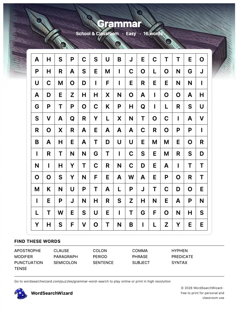 Grammar word search printable sheet, 16 words to find