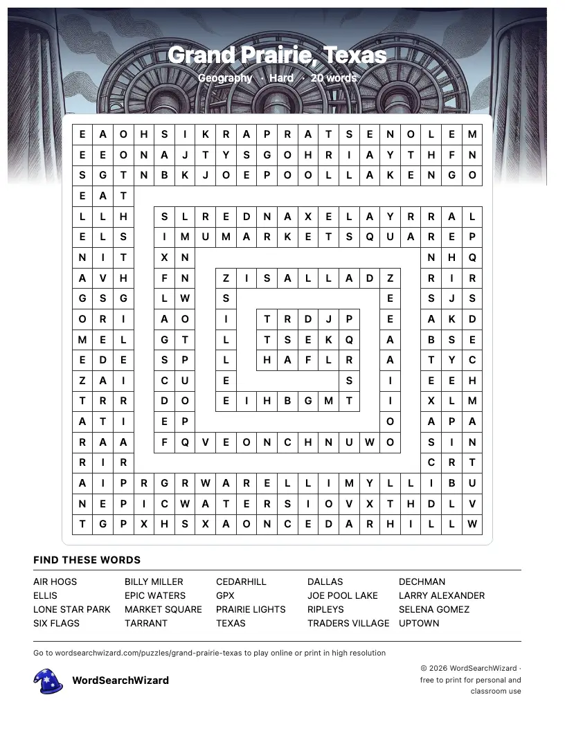 Grand Prairie, Texas word search printable sheet, 20 words to find