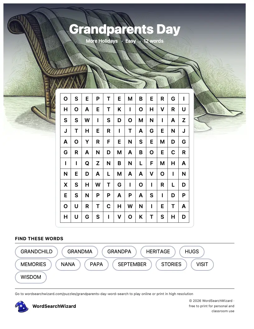 Grandparents Day word search printable sheet, 12 words to find