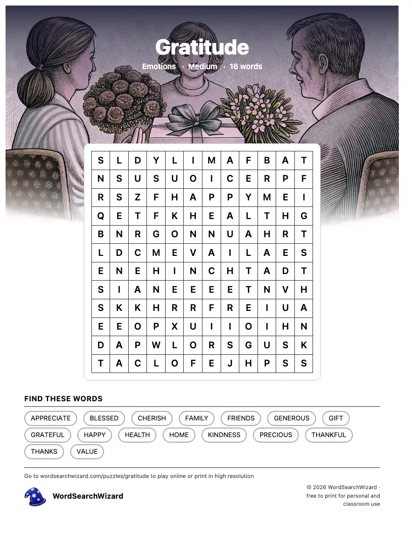 Gratitude word search printable sheet, 16 words to find