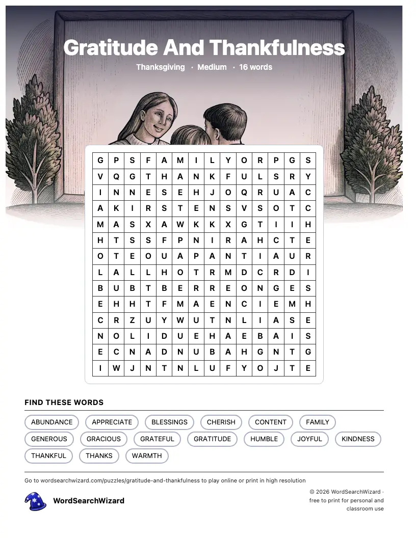Gratitude And Thankfulness word search printable sheet, 16 words to find