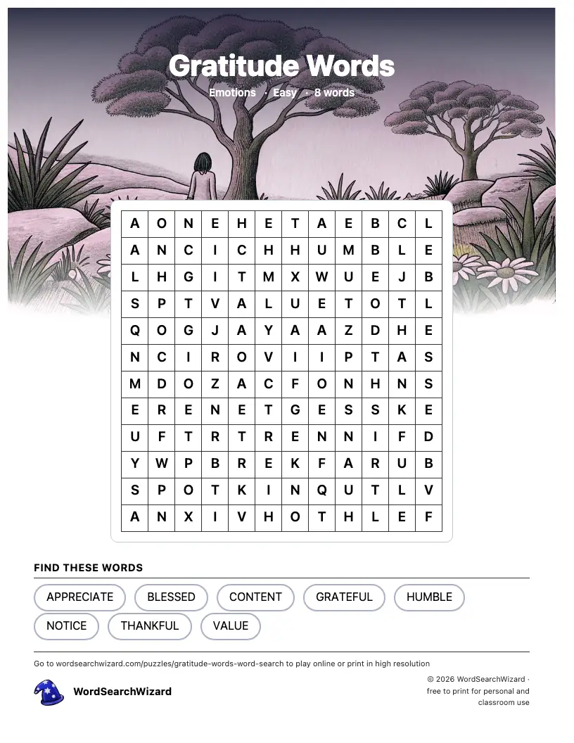 Gratitude Words word search printable sheet, 8 words to find