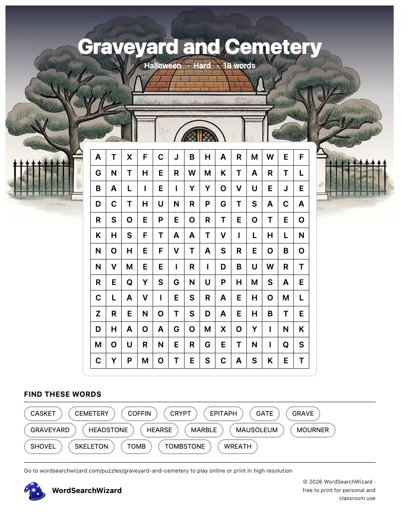 Graveyard and Cemetery word search printable sheet, 18 words to find
