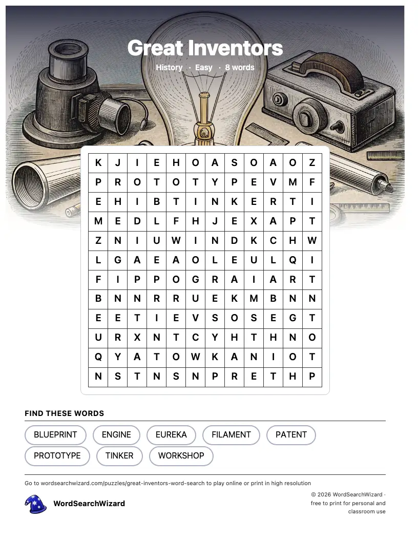 Great Inventors word search printable sheet, 8 words to find