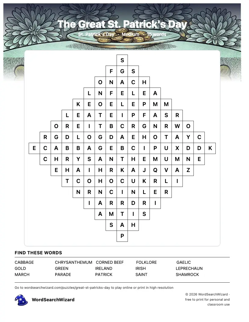 The Great St. Patrick's Day word search printable sheet, 15 words to find