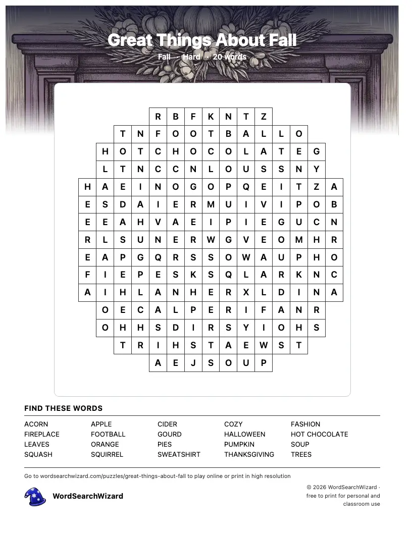 Great Things About Fall word search printable sheet, 20 words to find