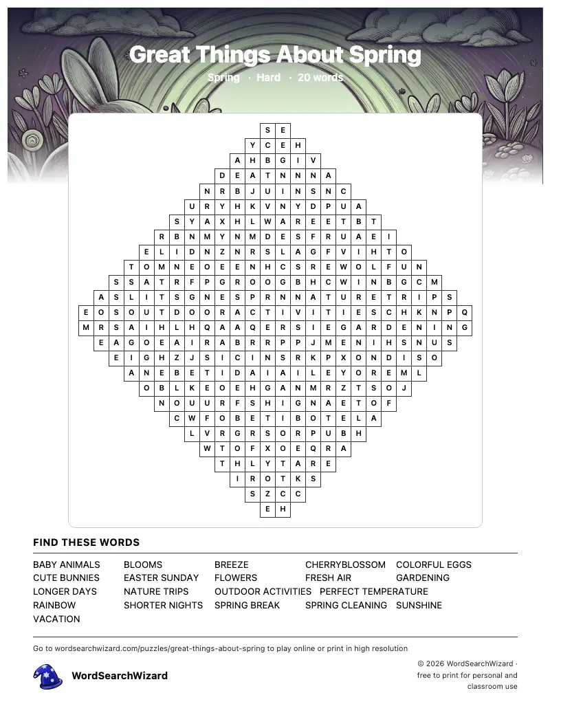 Great Things About Spring word search printable sheet, 20 words to find