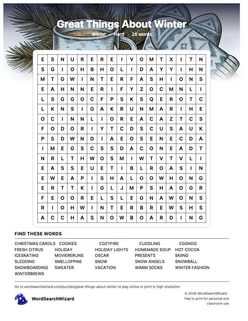 Great Things About Winter word search printable sheet, 26 words to find