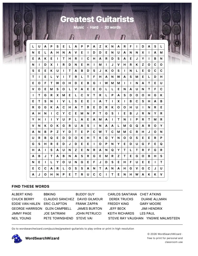 Greatest Guitarists word search printable sheet, 30 words to find