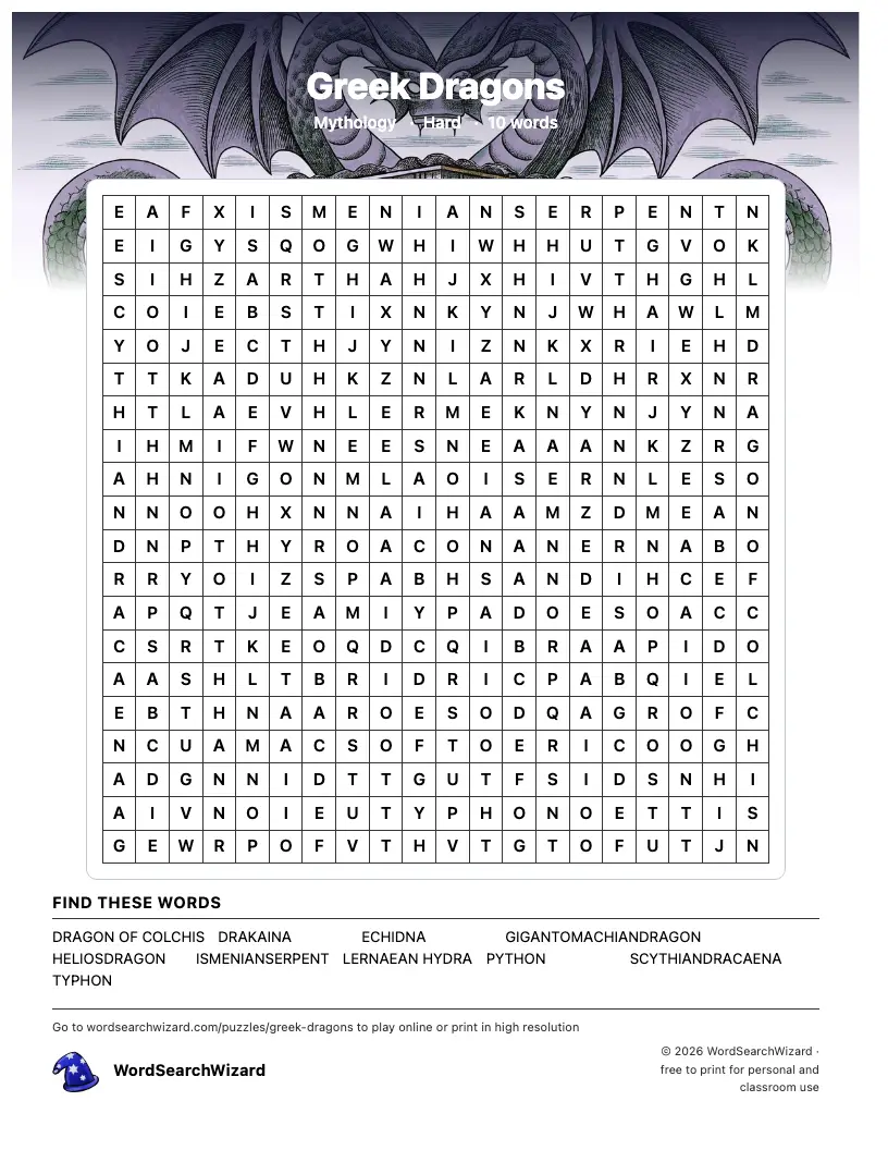Greek Dragons word search printable sheet, 10 words to find
