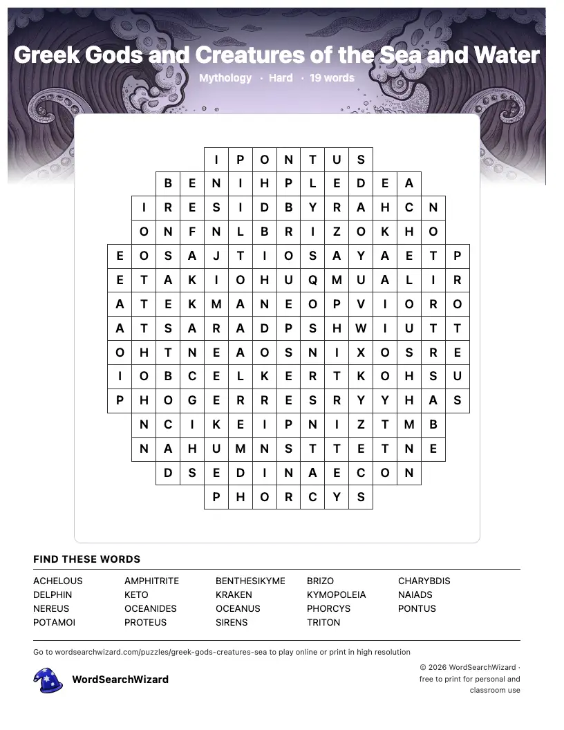 Greek Gods and Creatures of the Sea and Water word search printable sheet, 19 words to find