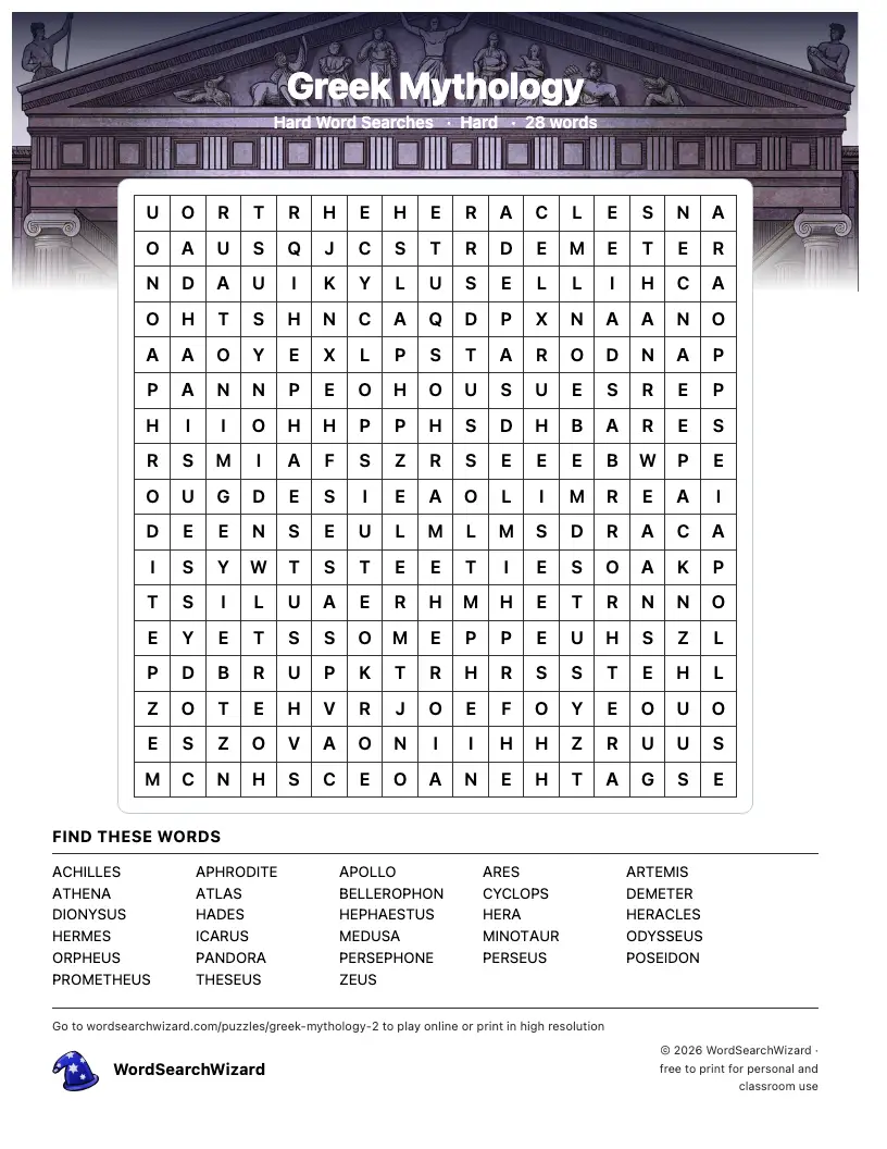 Greek Mythology word search printable sheet, 28 words to find