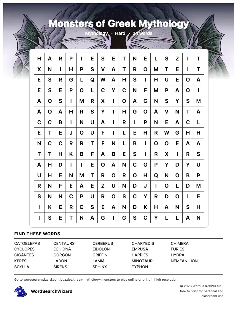 Monsters of Greek Mythology word search printable sheet, 24 words to find