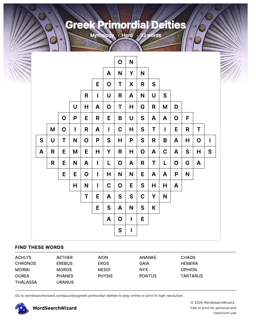 Greek Primordial Deities word search printable sheet, 22 words to find