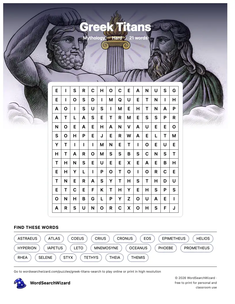 Greek Titans word search printable sheet, 21 words to find