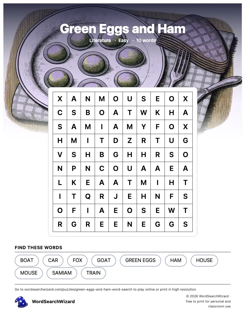Green Eggs and Ham word search printable sheet, 10 words to find