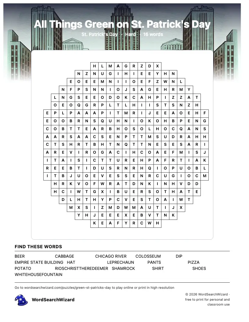 All Things Green on St. Patrick's Day word search printable sheet, 16 words to find