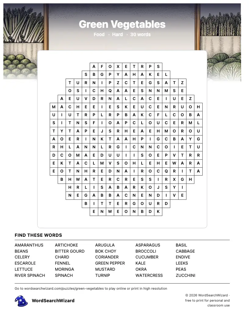 Green Vegetables word search printable sheet, 30 words to find