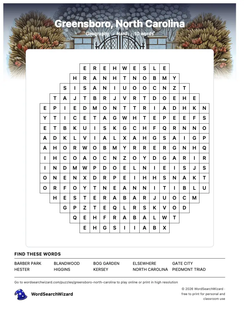 Greensboro, North Carolina word search printable sheet, 10 words to find