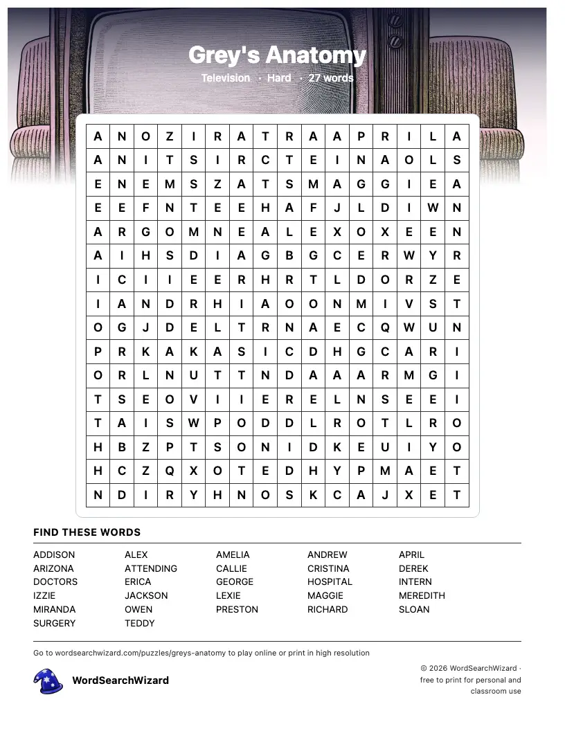 Grey's Anatomy word search printable sheet, 27 words to find