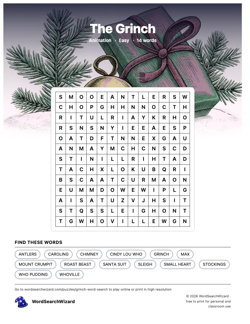The Grinch word search printable sheet, 14 words to find