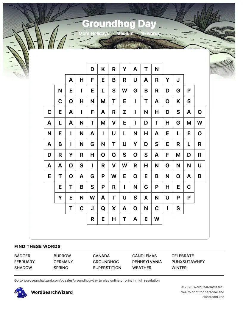 Groundhog Day word search printable sheet, 15 words to find