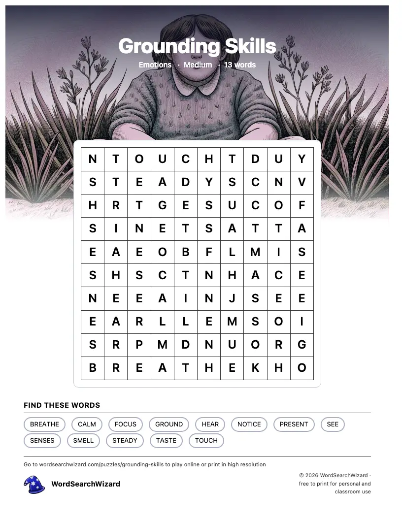 Grounding Skills word search printable sheet, 13 words to find