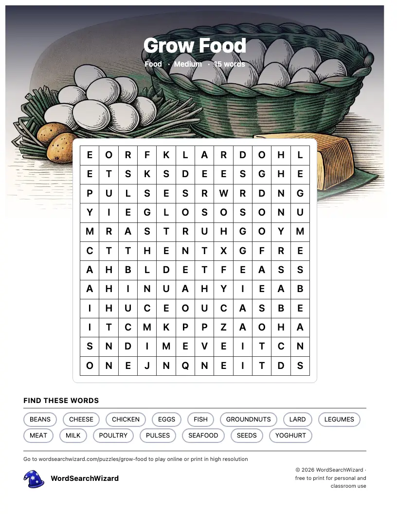 Grow Food word search printable sheet, 15 words to find