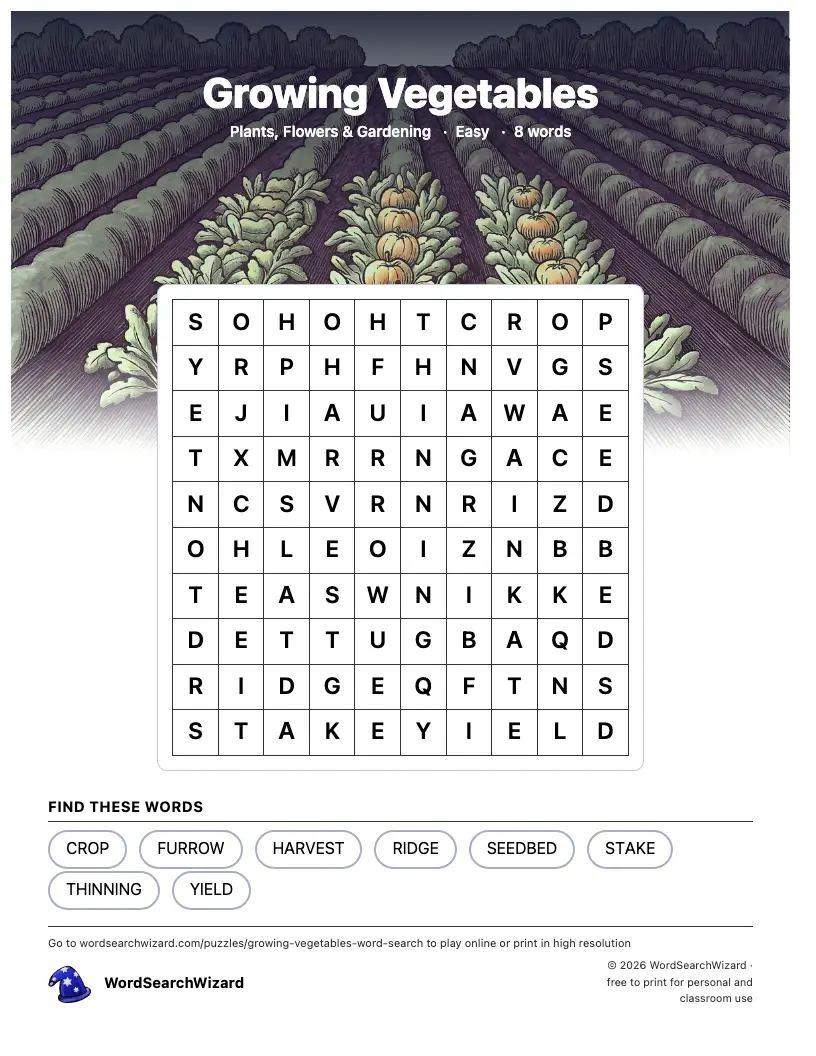Growing Vegetables word search printable sheet, 8 words to find