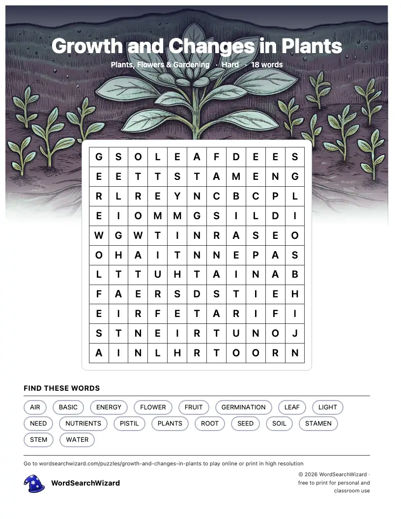 Growth and Changes in Plants word search printable sheet, 18 words to find