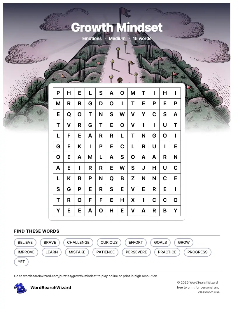 Growth Mindset word search printable sheet, 15 words to find