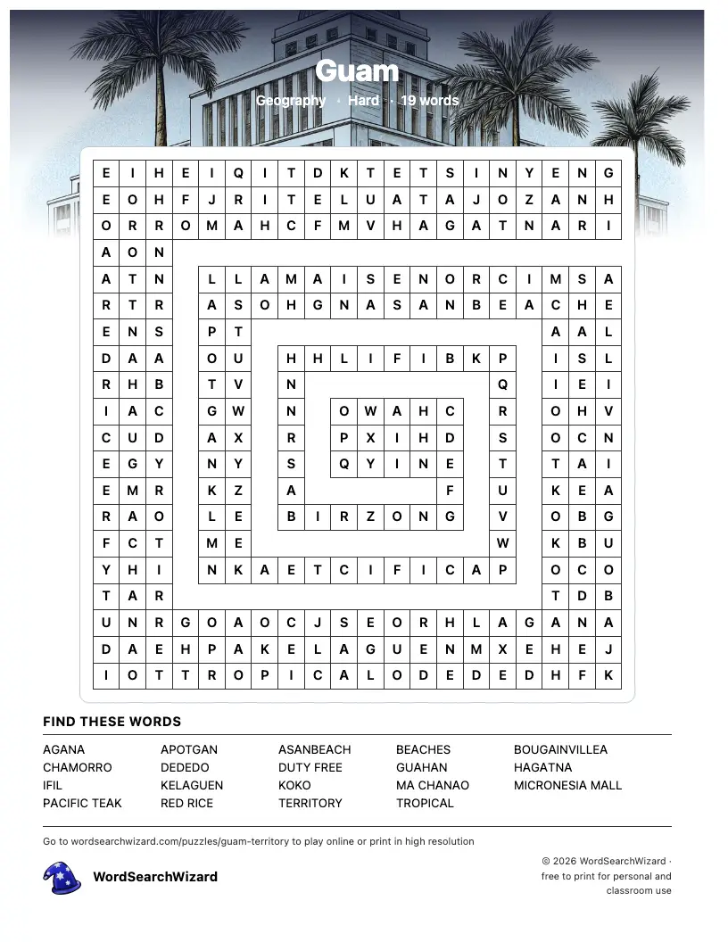 Guam word search printable sheet, 19 words to find