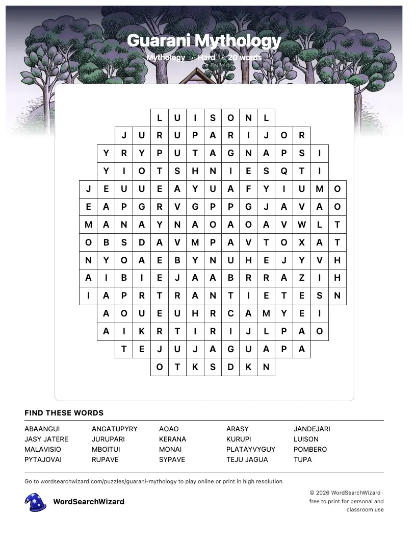 Guarani Mythology word search printable sheet, 20 words to find