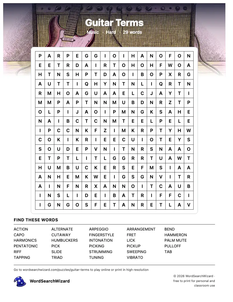 Guitar Terms word search printable sheet, 29 words to find