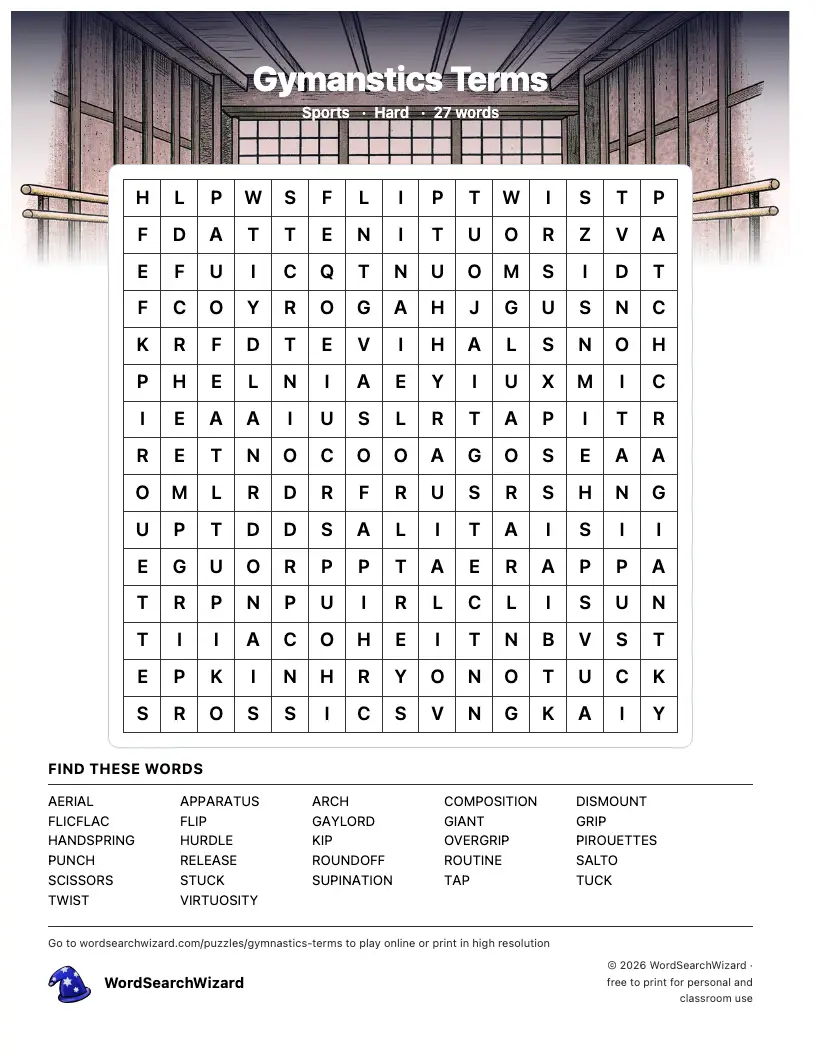 Gymanstics Terms word search printable sheet, 27 words to find