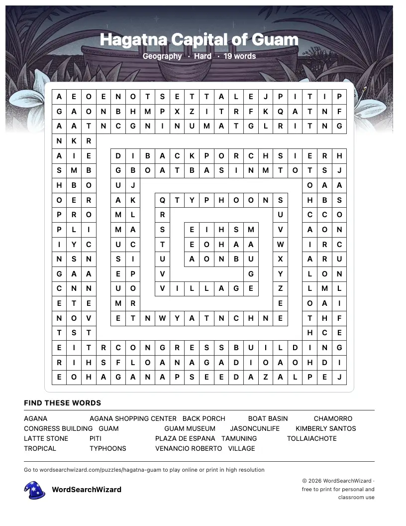 Hagatna Capital of Guam word search printable sheet, 19 words to find