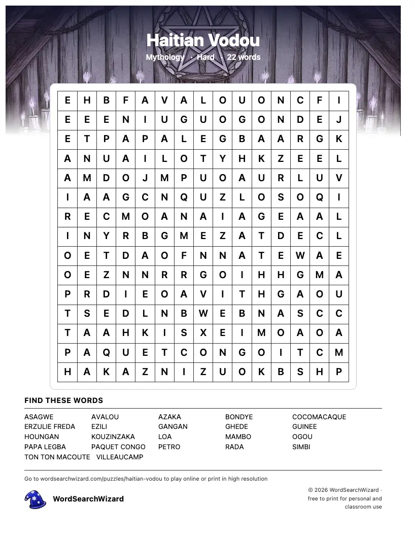 Haitian Vodou word search printable sheet, 22 words to find