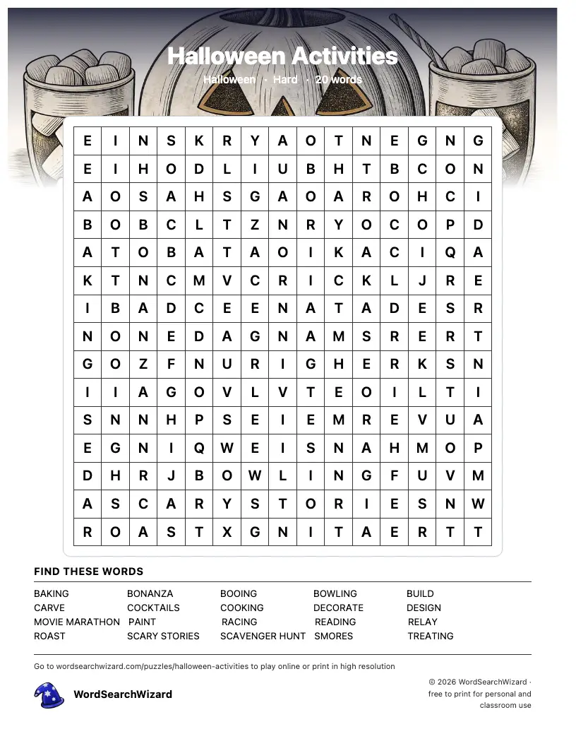Halloween Activities word search printable sheet, 20 words to find