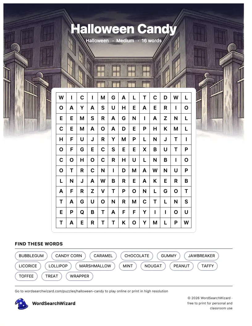 Halloween Candy word search printable sheet, 16 words to find