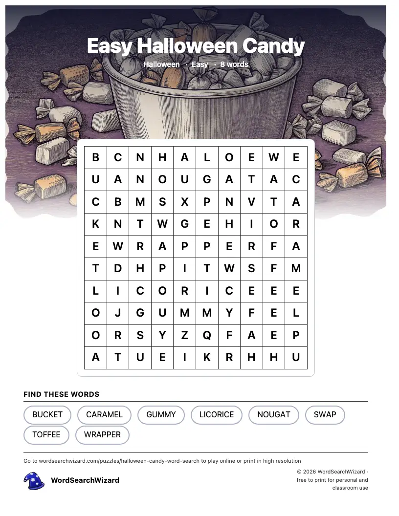 Easy Halloween Candy word search printable sheet, 8 words to find