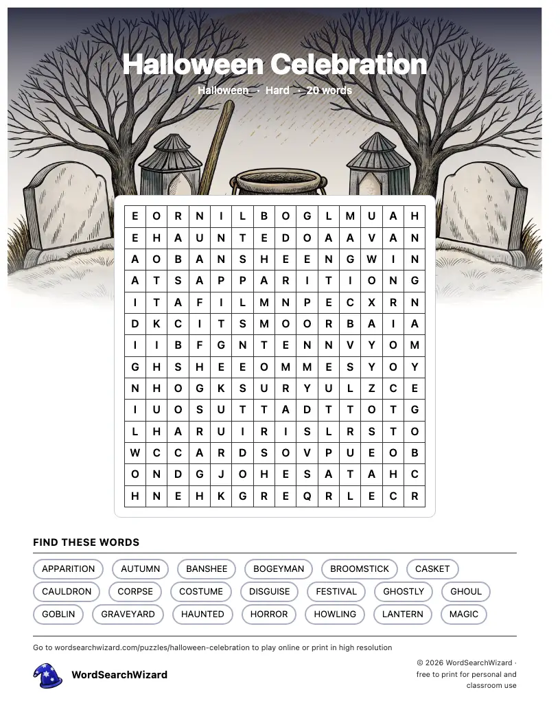 Halloween Celebration word search printable sheet, 20 words to find