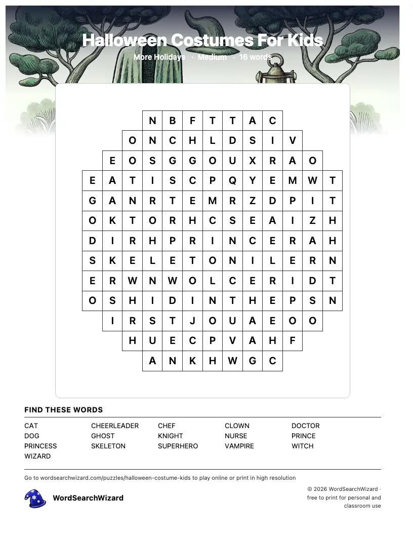 Halloween Costumes For Kids word search printable sheet, 16 words to find