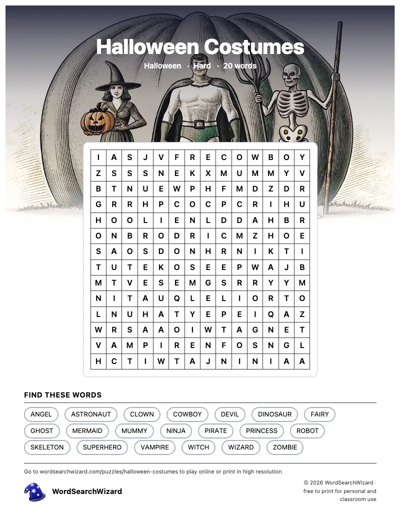 Halloween Costumes word search printable sheet, 20 words to find