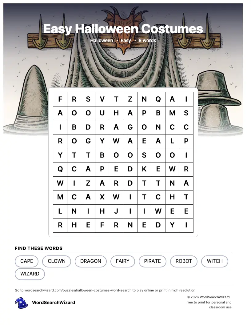 Easy Halloween Costumes word search printable sheet, 8 words to find