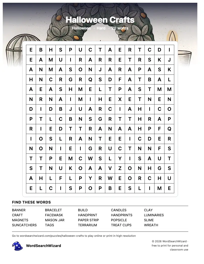 Halloween Crafts word search printable sheet, 20 words to find