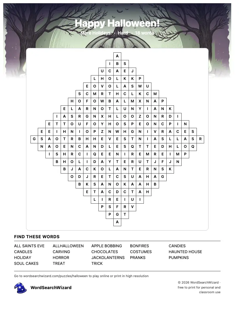 Happy Halloween! word search printable sheet, 18 words to find