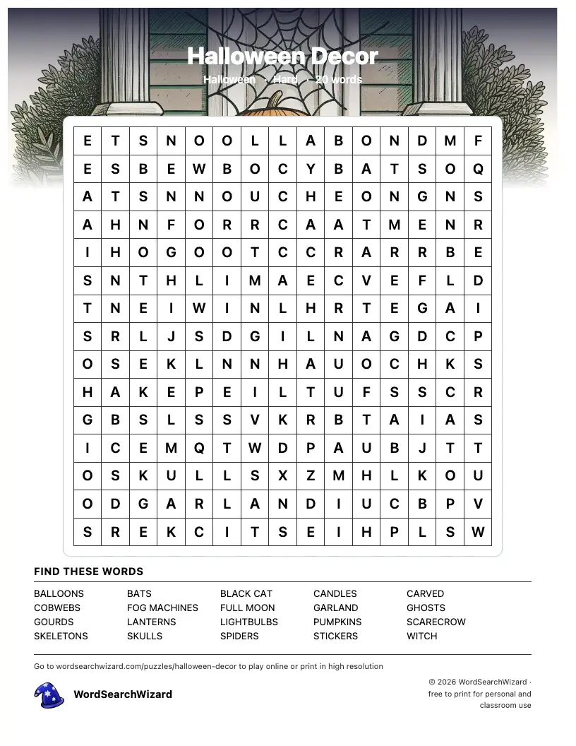 Halloween Decor word search printable sheet, 20 words to find